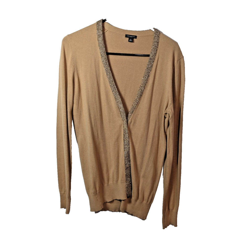 Ann Taylor Cardigan Shirt Tan Gold Metallic Top Blouse Size Medium Preppy Button